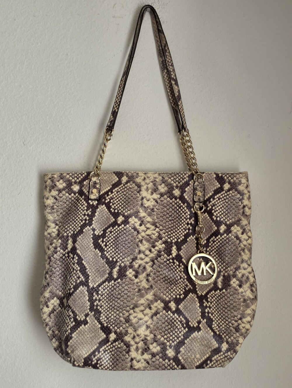Michael Kors Cream Phython Snake Skin Gold Chain Tote Handbag Purse